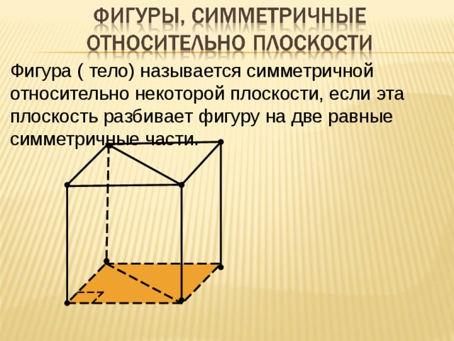 Фигура ( тело) называется симметричной относительно некоторой плоскости, если эта плоскость разбивает фигуру на две равные симметричные части.                 