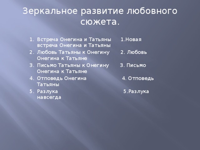 Сравнение письма татьяны и онегина. Зеркальное развитие любовного сюжета Татьяны и Онегина. Развитие действия в письмо Татьяны к Онегину. Встреча Онегина и Татьяны. Таблица зеркальных отражений чувств Онегина к Татьяне.