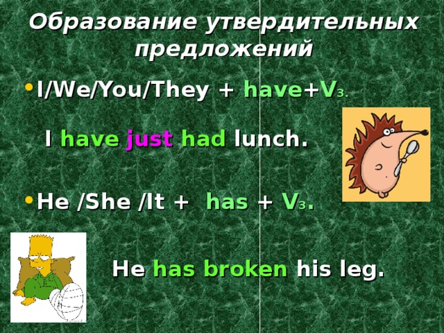 Образование утвердительных предложений I/We/You/They + have + V 3.   I have  just  had lunch.   He /She /It +  has + V 3 .   He has  broken his leg.    