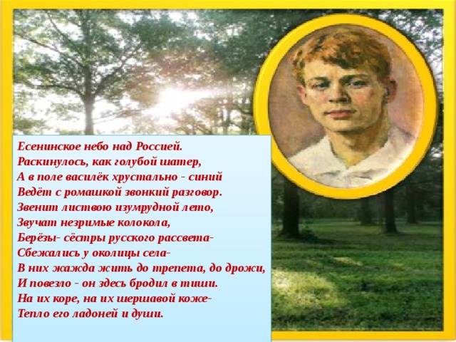 Есенинское небо над Россией.  Раскинулось, как голубой шатер,  А в поле василёк хрустально - синий  Ведёт с ромашкой звонкий разговор.  Звенит листвою изумрудной лето,  Звучат незримые колокола,  Берёзы- сёстры русского рассвета-  Сбежались у околицы села-  В них жажда жить до трепета, до дрожи,  И повезло - он здесь бродил в тиши.  На их коре, на их шершавой коже-  Тепло его ладоней и души.   