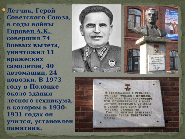 Летчик, Герой Советского Союза, в годы войны Горовец А.К. совершил 74 боевых вылета, уничтожил 11 вражеских самолетов, 40 автомашин, 24 повозки. В 1973 году в Полоцке около здания лесного техникума, в котором в 1930-1931 годах он учился, установлен памятник. 