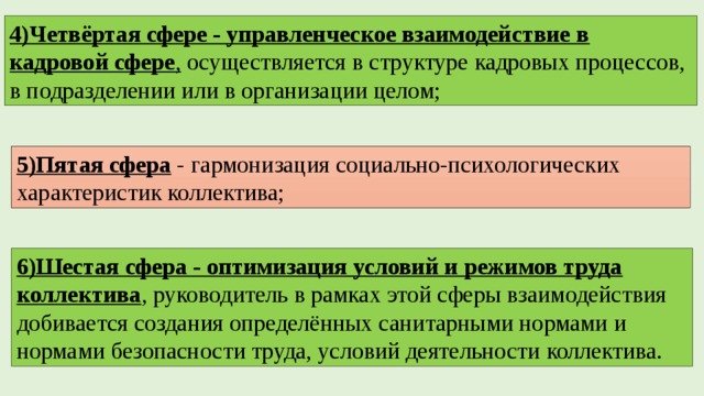 4)Четвёртая сфере - управленческое взаимодействие в кадровой сфере , осуществляется в структуре кадровых процессов, в подразделении или в организации целом; 5)Пятая сфера - гармонизация социально-психологических характеристик коллектива; 6)Шестая сфера - оптимизация условий и режимов труда коллектива , руководитель в рамках этой сферы взаимодействия добивается создания определённых санитарными нормами и нормами безопасности труда, условий деятельности коллектива. 