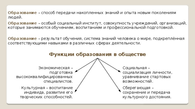 Образование – способ передачи накопленных знаний и опыта новым поколениям людей. Образование – особый социальный институт, совокупность учреждений, организаций, которые занимаются обучением, воспитанием и профессиональной подготовкой. Образование – результат обучения, система знаний человека о мире, подкреплённая соответствующими навыками в различных сферах деятельности. Функции образования в обществе Экономическая – подготовка высококвалифицированных специалистов. Социальная – социализация личности, уравнивание стартовых возможностей. Культурная – воспитание индивида, развитие его творческих способностей. Сберегающая – сохранение и передача культурного достояния. 