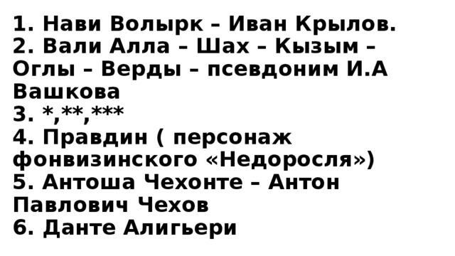 1. Нави Волырк – Иван Крылов.  2. Вали Алла – Шах – Кызым – Оглы – Верды – псевдоним И.А Вашкова  3. *,**,***  4. Правдин ( персонаж фонвизинского «Недоросля»)  5. Антоша Чехонте – Антон Павлович Чехов  6. Данте Алигьери