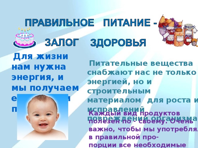  Для жизни нам нужна энергия, и мы получаем её из еды и питания.  Питательные вещества снабжают нас не только энергией, но и строительным материалом для роста и исправлений повреждений организма. Каждый вид продуктов полезен по - своему. Очень важно, чтобы мы употребляли в правильной про- порции все необходимые продукты. 