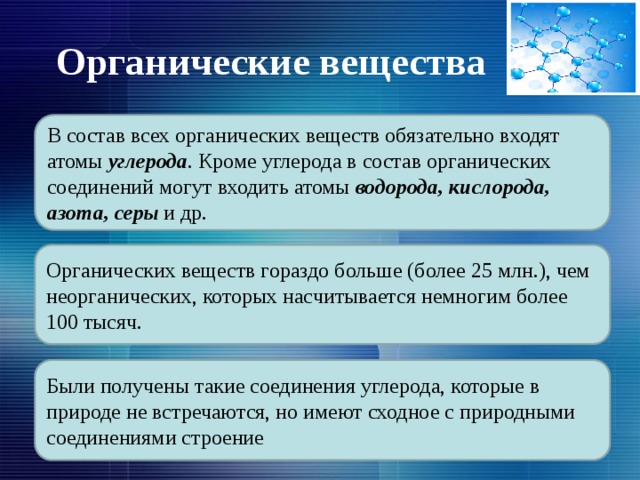 Органические вещества В состав всех органических веществ обязательно входят атомы углерода . Кроме углерода в состав органических соединений могут входить атомы водорода, кислорода, азота, серы и др. Органических веществ гораздо больше (более 25 млн.), чем неорганических, которых насчитывается немногим более 100 тысяч. Были получены такие соединения углерода, которые в природе не встречаются, но имеют сходное с природными соединениями строение 