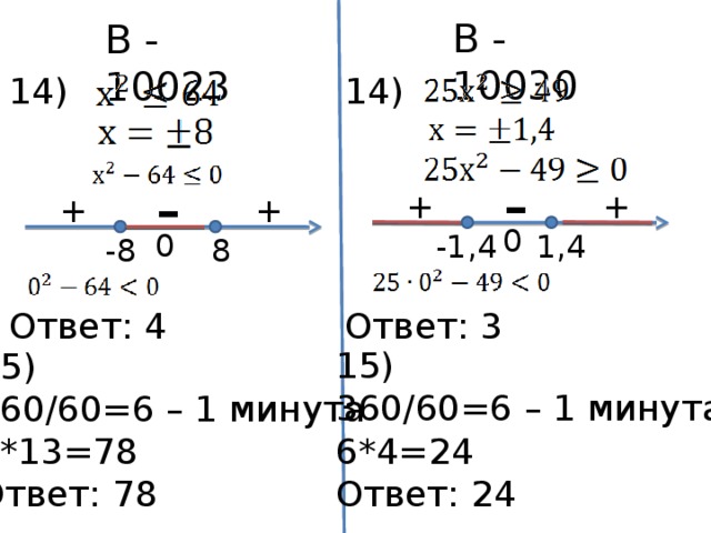 В - 10030 В - 10023 14) 14) Ответ: 4 Ответ: 3 - - + + + + 0 0 -1,4 1,4 8 -8 15) 360/60=6 – 1 минута 6*4=24 Ответ: 24 15) 360/60=6 – 1 минута 6*13=78 Ответ: 78 