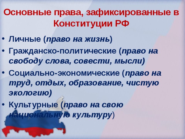 Основные права, зафиксированные в Конституции РФ