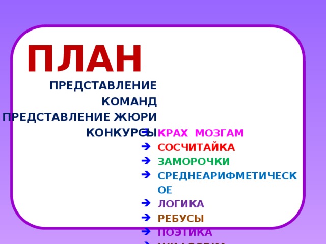 Цели мероприятия Образовательная: выявить команду, имеющую лучшие знания по математике; формирование информационной культуры; реализации межпредметных связей в обучении; Воспитательная:  воспитание уважения к сопернику, умения достойно вести спор. Развивающая:  развитие устойчивого интереса к математике, творческой активности, коллективизма; умения быстро и четко излагать свои мысли, логически рассуждать, познавательной активности учащихся, стойкости, воли к победе, находчивости Тип мероприятия:  урок-викторина 