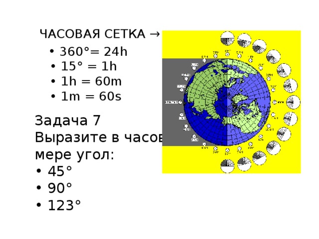 ЧАСОВАЯ СЕТКА → 360°= 24h • 15° = 1h • 1h = 60m • 1m = 60s Задача 7 Выразите в часовой мере угол: • 45° • 90° • 123° 