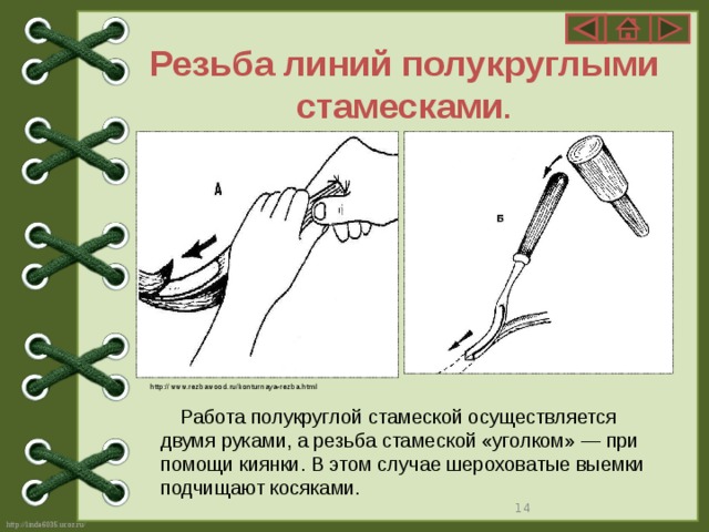 Резьба линий полукруглыми стамесками . http://www.rezbawood.ru/konturnaya-rezba.html  Работа полукруглой стамеской осуществляется двумя руками, а резьба стамеской «уголком» — при помощи киянки. В этом случае шероховатые выемки подчищают косяками.  