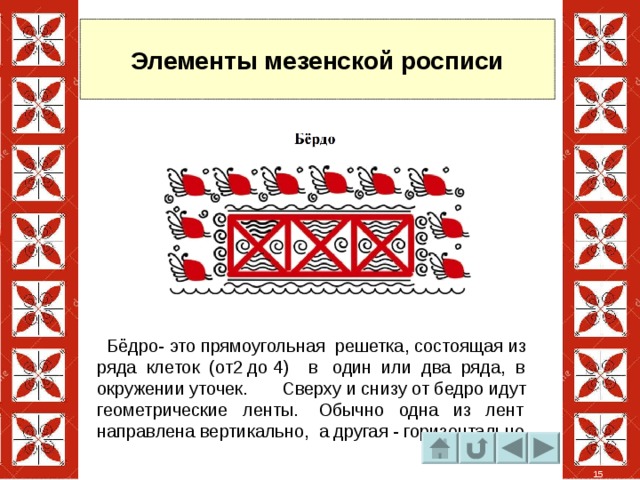 Элементы мезенской росписи  Бёдро- это прямоугольная решетка, состоящая из ряда клеток (от2 до 4) в один или два ряда, в окружении уточек. Сверху и снизу от бедро идут геометрические ленты. Обычно одна из лент направлена вертикально, а другая - горизонтально. 15 