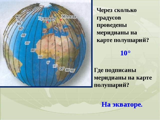 Через сколько градусов проведены меридианы на карте полушарий? 10° Где подписаны меридианы на карте полушарий? На экваторе.