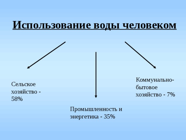 Использование воды человеком Коммунально-бытовое хозяйство - 7% Сельское хозяйство - 58% Промышленность и энергетика - 35% 