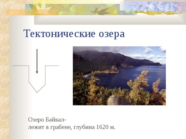 Озеро Байкал- лежит в грабене, глубина 1620 м. 