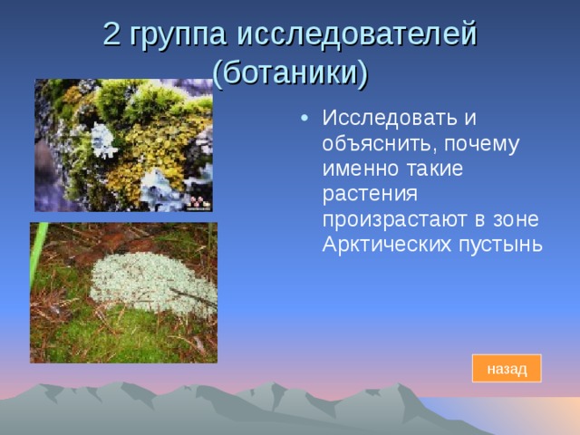 2 группа исследователей (ботаники) Исследовать и объяснить, почему именно такие растения произрастают в зоне Арктических пустынь  назад 