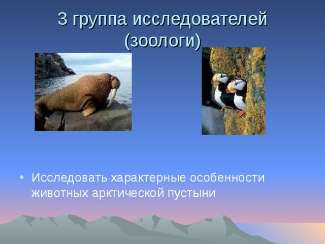 3 группа исследователей (зоологи) Исследовать характерные особенности животных арктической пустыни 