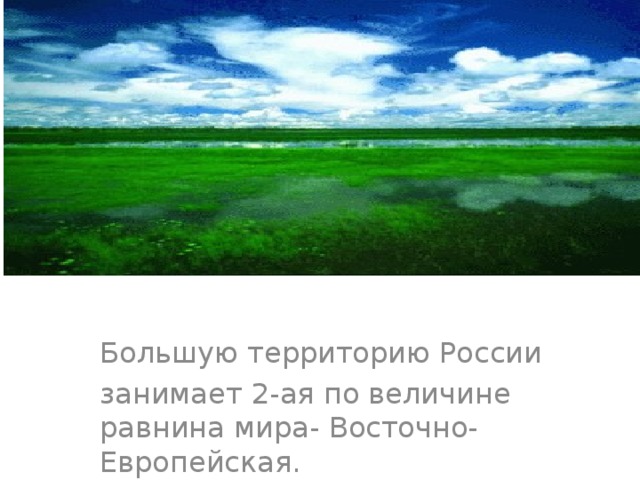 Большую территорию России занимает 2-ая по величине равнина мира- Восточно-Европейская. 