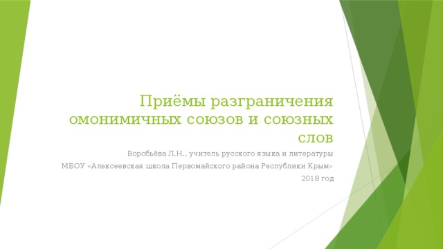 Приёмы разграничения омонимичных союзов и союзных слов Воробьёва Л.Н., учитель русского языка и литературы МБОУ «Алексеевская школа Первомайского района Республики Крым» 2018 год 