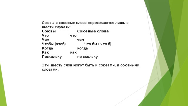 Союзы и союзные слова пересекаются лишь в шести случаях: Союзы    Союзные слова Что     что Чем     чем Чтобы (чтоб)    Что бы ( что б) Когда     когда Как     как Поскольку    по скольку Эти шесть слов могут быть и союзами, и союзными словами. 
