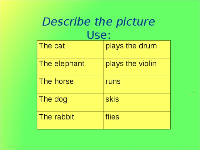 Describe the picture  Use: The cat plays the drum The elephant plays the violin The horse runs The dog skis The rabbit flies Задание: описать картинку, используя глагол can. Пример: A cat can play the violin. При помощи этой картинки можно отрабатывать времена глаголов: Present Progressive, Past Progressive.  