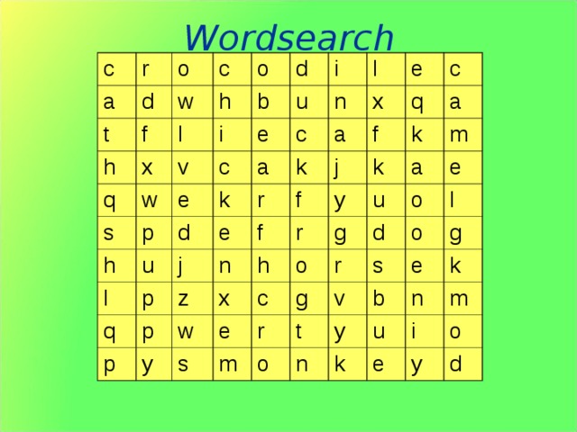 Wordsearch c r a t o d w h f c x q o h l w i v s d b h p e i c e u c u k n a l l d e k p a j q x r e n z p p f q j c f f k w y r x k a y h s e c m a g u o r e m d g r o o t v o l s b y n e g k u k n e m i o y d В квадрате спрятаны 10 слов : crocodile, cat, owl, chicken, monkey, horse, dog, cow, duck, bird . Задание: найти и прочитать слова, прочитать слова по буквам. Для большей наглядности, слово можно выделять при помощи функции «выделение», после того как его нашли и прочитали учащиеся. После окончания работы со слайдом можно убрать все рукописные выделения при помощи функции «Удалить все рукописные данные с файла».  