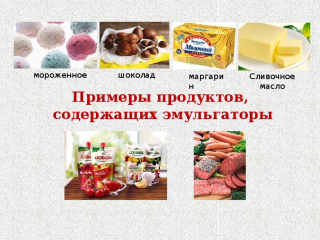 мороженное шоколад маргарин Сливочное масло Примеры продуктов,  содержащих эмульгаторы 