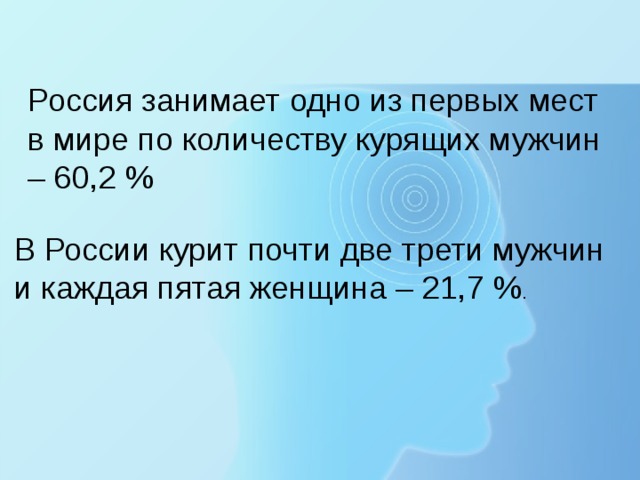 Россия занимает одно из первых мест в мире по количеству курящих мужчин  – 60,2 % В России курит почти две трети мужчин и каждая пятая женщина – 21,7 % .