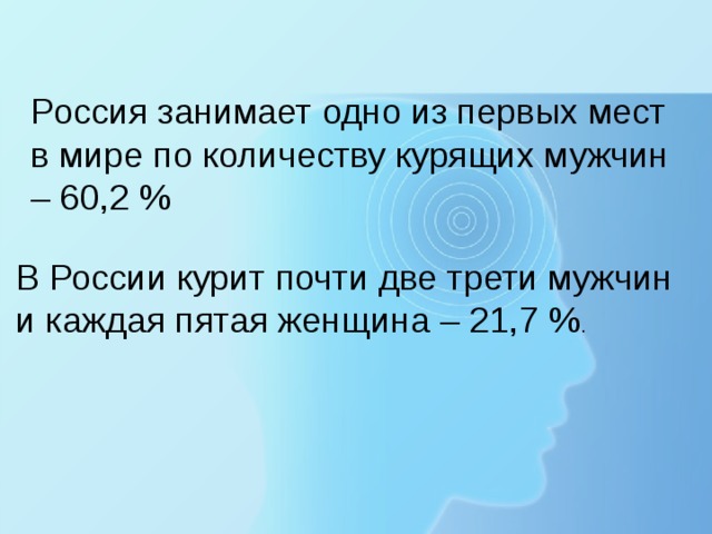 Россия занимает одно из первых мест в мире по количеству курящих мужчин  – 60,2 % В России курит почти две трети мужчин и каждая пятая женщина – 21,7 % .