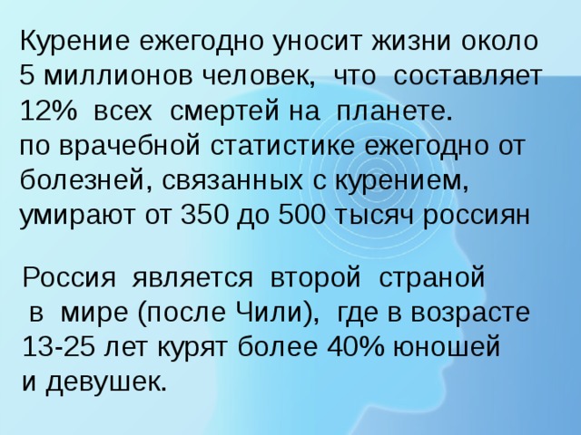 Курение ежегодно уносит жизни около 5 миллионов человек, что составляет  12% всех смертей на планете. по врачебной статистике ежегодно от болезней, связанных с курением, умирают от 350 до 500 тысяч россиян Россия является второй страной  в мире (после Чили), где в возрасте  13-25 лет курят более 40% юношей  и девушек.