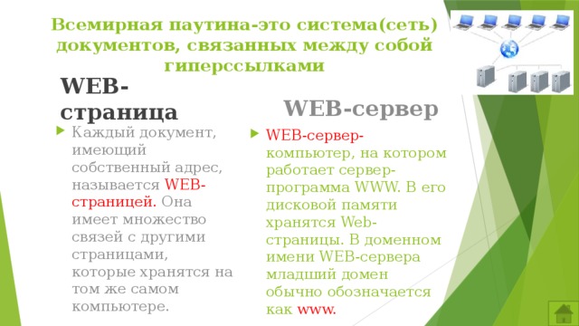 Всемирная паутина-это система(сеть) документов, связанных между собой гиперссылками WEB-сервер WEB-страница Каждый документ, имеющий собственный адрес, называется WEB-страницей. Она имеет множество связей с другими страницами, которые хранятся на том же самом компьютере. WEB-сервер- компьютер, на котором работает сервер-программа WWW. В его дисковой памяти хранятся Web-страницы. В доменном имени WEB-сервера младший домен обычно обозначается как www. 