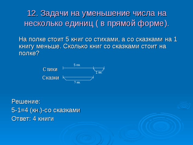 12. Задачи на уменьшение числа на несколько единиц ( в прямой форме).  На полке стоит 5 книг со стихами, а со сказками на 1 книгу меньше. Сколько книг со сказками стоит на полке?  Стихи  Сказки Решение: 5-1=4 (кн.)-со сказками Ответ: 4 книги  5 кн.  1 кн.  ? кн. 