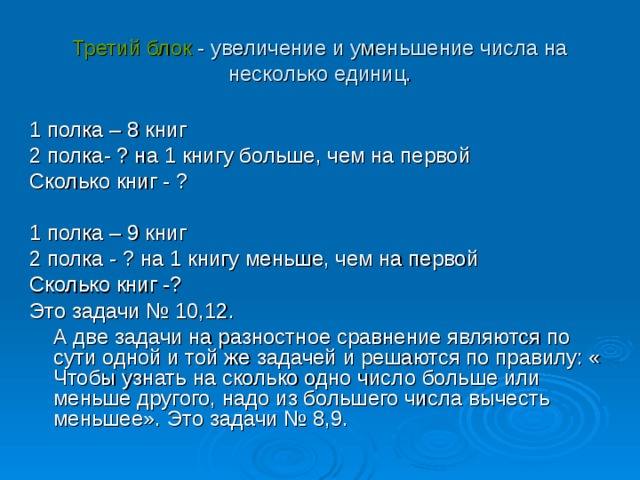Третий блок - увеличение и уменьшение числа на несколько единиц. 1 полка – 8 книг 2 полка- ? на 1 книгу больше, чем на первой Сколько книг - ? 1 полка – 9 книг 2 полка - ? на 1 книгу меньше, чем на первой Сколько книг -? Это задачи № 10,12.  А две задачи на разностное сравнение являются по сути одной и той же задачей и решаются по правилу: « Чтобы узнать на сколько одно число больше или меньше другого, надо из большего числа вычесть меньшее». Это задачи № 8,9. 
