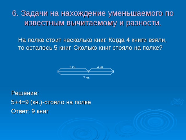 6. Задачи на нахождение уменьшаемого по известным вычитаемому и разности.  На полке стоит несколько книг. Когда 4 книги взяли, то осталось 5 книг. Сколько книг стояло на полке? Решение: 5+4=9 (кн.)-стояло на полке Ответ: 9 книг  4 кн.  5 кн. ? кн. 