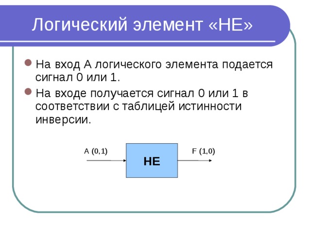 Логический элемент «НЕ» На вход А логического элемента подается сигнал 0 или 1. На входе получается сигнал 0 или 1 в соответствии с таблицей истинности инверсии. НЕ А (0,1) F (1,0)
