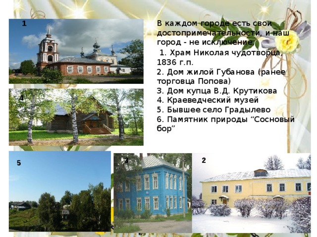 В каждом городе есть свои достопримечательности, и наш город - не исключение.  1. Храм Николая чудотворца, 1836 г.п.  2. Дом жилой Губанова (ранее торговца Попова)  3. Дом купца В.Д. Крутикова  4. Краеведческий музей  5. Бывшее село Градылево  6. Памятник природы “Сосновый бор” 1 4 2 3 5 