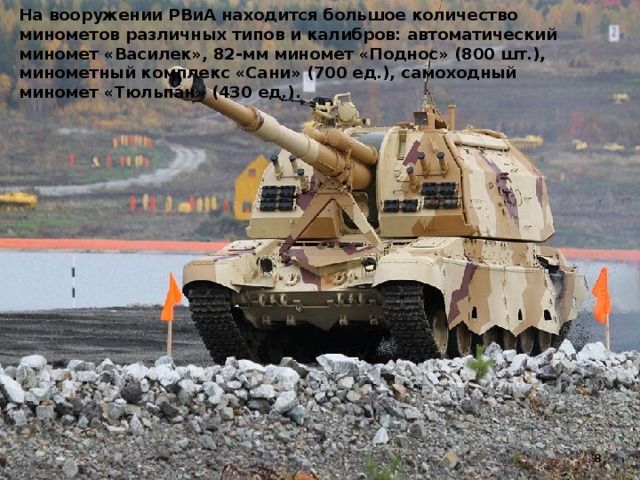 На вооружении РВиА находится большое количество минометов различных типов и калибров: автоматический миномет «Василек», 82-мм миномет «Поднос» (800 шт.), минометный комплекс «Сани» (700 ед.), самоходный миномет «Тюльпан» (430 ед.). 8  