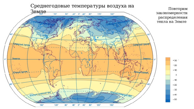 Среднегодовые температуры воздуха на Земле Повторим закономерности распределения тепла на Земле 