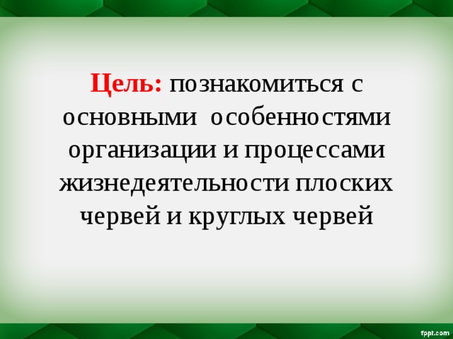 Цель: познакомиться с основными особенностями организации и процессами жизнедеятельности плоских червей и круглых червей 