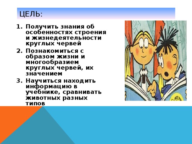 ЦЕЛЬ: Получить знания об особенностях строения и жизнедеятельности круглых червей Познакомиться с образом жизни и многообразием круглых червей, их значением Научиться находить информацию в учебнике, сравнивать животных разных типов 