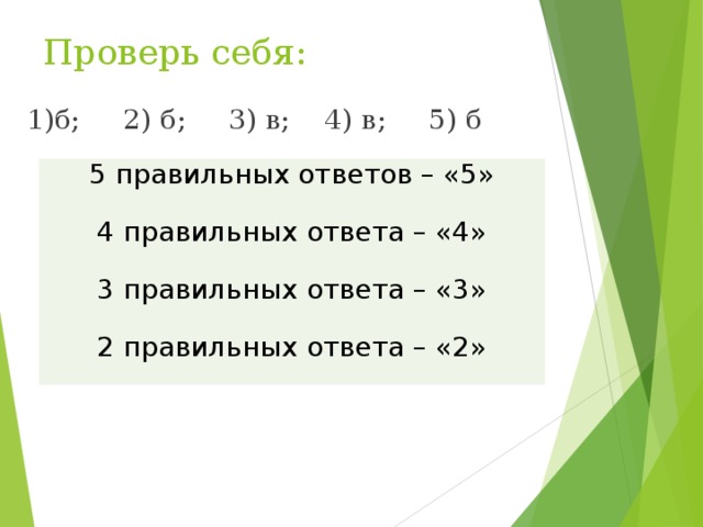 Проверь себя: 1)б; 2) б; 3) в; 4) в; 5) б 5 правильных ответов – «5» 4 правильных ответа – «4» 3 правильных ответа – «3» 2 правильных ответа – «2» 