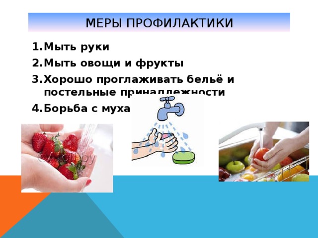 МЕРЫ ПРОФИЛАКТИКИ Мыть руки Мыть овощи и фрукты Хорошо проглаживать бельё и постельные принадлежности Борьба с мухами 