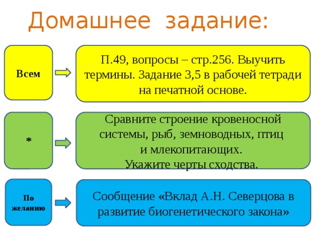 Домашнее задание: П.49, вопросы – стр.256. Выучить термины. Задание 3,5 в рабочей тетради на печатной основе. Всем Сравните строение кровеносной системы, рыб, земноводных, птиц * и млекопитающих. Укажите черты сходства. По желанию Сообщение «Вклад А.Н. Северцова в развитие биогенетического закона» 