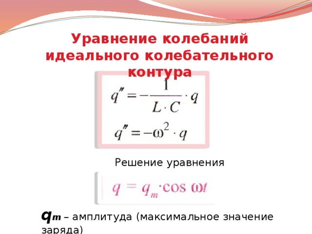  Уравнение колебаний идеального колебательного контура Решение уравнения q m  – амплитуда (максимальное значение заряда) 