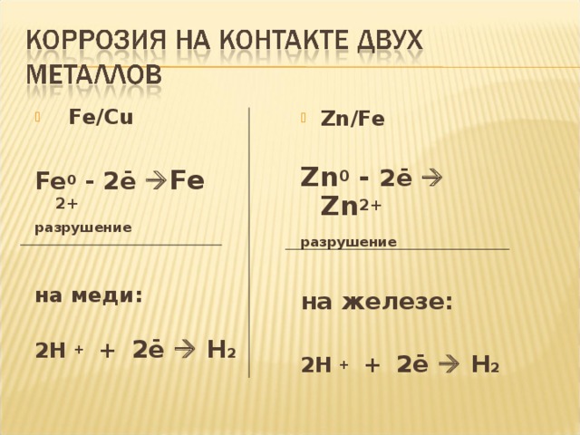  Fe/Cu   Fe 0 - 2 ē  Fe  2+ разрушение   на меди:  2Н +  +  2 ē   H 2 Zn/Fe  Zn 0 - 2 ē   Zn 2+ разрушение   на железе:   2Н +  +  2 ē   H 2  6 