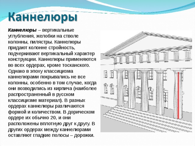 Вертикальный характер. Колонна портик каннелюра. Портик в разных эпохах. Ордер в эпоху классицизма. Каннелюры и дорожки.