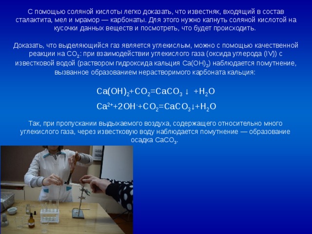 Взаимодействие углекислого газа с гидроксидом кальция. Взаимодействие мела с соляной кислотой.