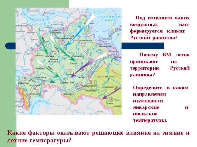  Под влиянием каких воздушных масс формируется климат Русской равнины?  Почему ВМ легко проникают на территорию Русской равнины? Определите, в каком направлении изменяются январские и июльские температуры.  Какие факторы оказывают решающее влияние на зимние и летние температуры? 