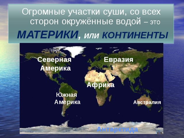 Огромные участки суши, со всех сторон окружённые водой – это  МАТЕРИКИ , ИЛИ  КОНТИНЕНТЫ Евразия Северная  Америка Африка Южная Америка Австралия Антарктида 4