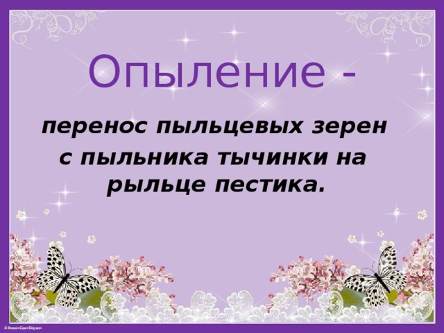  Опыление -    перенос пыльцевых зерен с пыльника тычинки на рыльце пестика. 